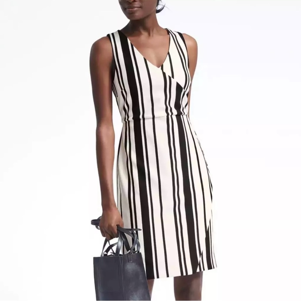 Banana Republic Black White Stripes V-Neck Sleeveless Overlays Sheath Midi Dress